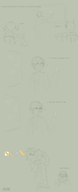 digital sketch comic of 4 panels, set in a classroom. in the first one vocaloid kiyoteru is writing on a blackboard, with vocaloids yuki and ryuto sitting behind him. kiyoteru says 'ok class please get your rulers out we are going to do maths'. yuki says 'ok sir' and ryuto says 'skibidi'. in the second panel kiyoteru turns around from the blackboard and says 'ok class so who can tell me-'. in the third panel his expression sours and he says 'yuki who the fuck is that.'. in the fourth panel yuki says 'whats wrong sir' while utau euc stands beside her. he is visibly nervious and is speaking in ruler emojis